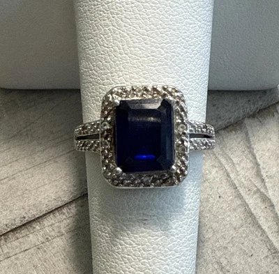 Sterling silver ring emerald cut created sapphire white Sap Halo accent size 7 - Image 1 of 4