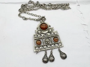 COLLANA DA DONNA VINTAGE TONO ARGENTO STILE VICHINGO SET CITRINO GRANDE CIONDOLO - Foto 1 di 7