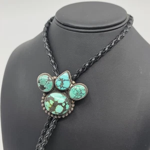 Southwest Style Sterling Silver Tibetan Turquoise Large Heavy Bolo Tie - Picture 1 of 10