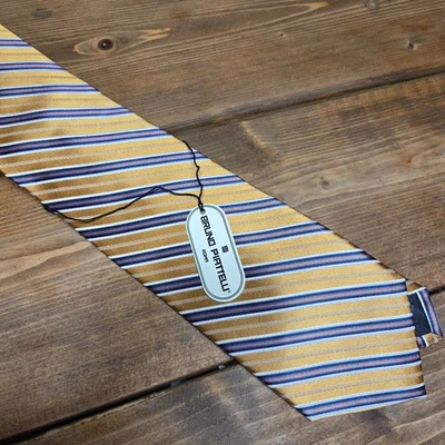 Bruno Piattelli 男式领带经典长度金色蓝色丝绸条纹 — 第 1/4 张图片