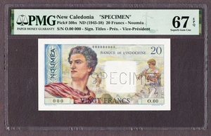 New Caledonia 20 Francs SPECIMEN ND 1945-58 Pick-50bs Superb GEM UNC PMG 67 EPQ - Picture 1 of 2