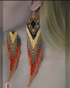 Tribal Ohrringe Indianer groß Boho American Rocailles Handarbeit Ohrring - Bild 1 von 8