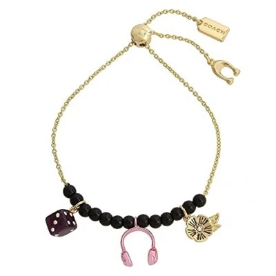 Coach Bracelet Tea Rose Flower Dice Headphones Charm Gold Slider Bolo Bead w/Bag - Image 1 of 4