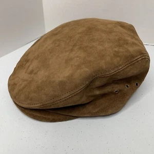 VTG Quaker Marine Supply Brown Suede Leather Lined Newsboy Flat Driving Cap Sz L - Picture 1 of 22