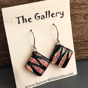 Kim Kole Dichroic Glass Earrings Artisan Bazaar del Mundo Gallery Black Salmon - Picture 1 of 9