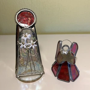 2 Vintage Red Stain Glass Angels Flower Bouquet Holding A Star￼ - Picture 1 of 7