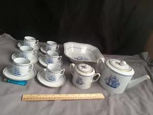 18 piezas SPODE TRADE WINDS CREMA AZUL TETERA Demi tazas platillos azúcar nueva - Imagen 1 de 10