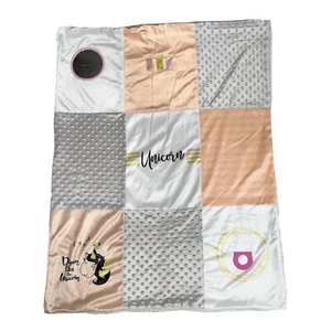 Just Born Peach Minky Gray Unicorn Interactive Blanket Patchwork - Picture 1 of 9