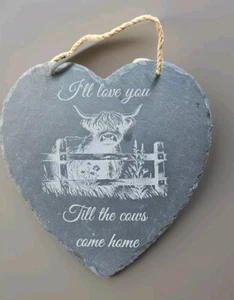Large Highland cow slate wall hanging 25x25cm plaque home heart gift customised - Picture 1 of 1