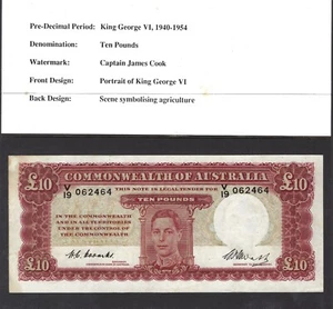 Commonwealth of Australia 1949 KGVI Coombs/Watt Ten Pounds £10 Banknote R60 - Picture 1 of 4