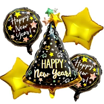 New Year Balloons (5pcs) Party Hat Gold Stars 2024 Helium Decoration - image 1 of 4