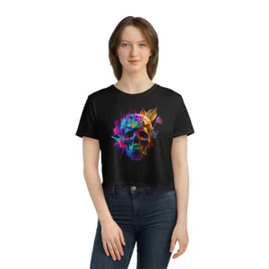 NEON FLOWER SKULL Calavera Sugar Women's Flowy CROP TOP Tee T-shirt - Picture 1 of 13