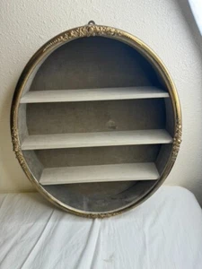 Vintage Ray Holme Green Velvet Lined Gold Metal Floral Lined Oval Wall Shelf - Picture 1 of 24
