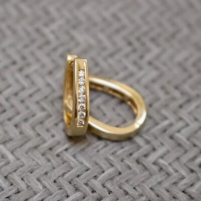 NUEVO ORO AMARILLO 14K DIAMANTE NATURAL EXTRAÍDO MINI/PEQUEÑO ARO PENDIENTES (14mm) Foto 1 de 4