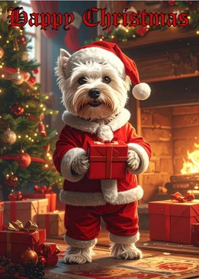 HANDMADE WEST HIGHLAND TERRIER CHRISTMAS CARD WITH A WESTIE DOG IN A XMAS SANTA SUIT