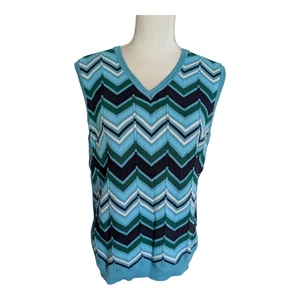 Vintage Women's Sweater Vest Liz Golf Chevron Stripe Aqua Blue Preppy V-Neck XL - Picture 1 of 7