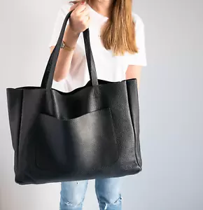Oversized Slouchy women black hobo, Shopping leather bag, Tote leather tote - Picture 1 of 3