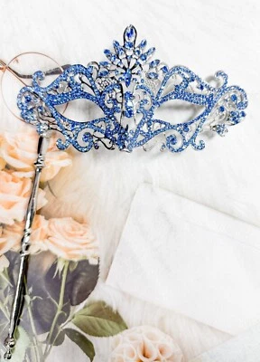 Blue Crystal Masquerade Mask with Stick, Silver Masquerade Mask, Venetian Mask - Image 1 of 4