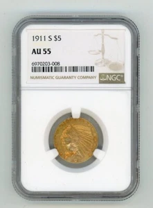 1911-S GOLD INDIAN HEAD HALF EAGLE $5 AU 55 NGC - Picture 1 of 4