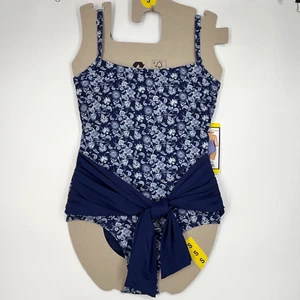 Carole Hochman Womens Small One Piece Swim Bathing Suit Blue Floral Waist Tie - Picture 1 of 8