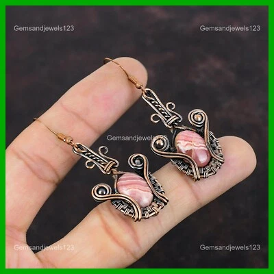 Copper Rhodochrosite Stone Dangle Artisan Birthday Wedding Wire Wrapped Earrings - Image 1 of 4