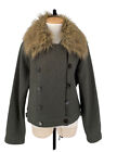 Double Breasted Coat Faux Fur Collar Jacket 100% Wool Olive Green XL Willi Smith