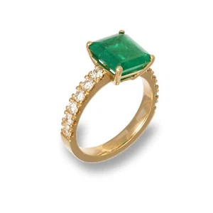 Anello 750 Oro Rosa 1 Smeraldo 3,07ct.12 Brillanti 0,65ct. Tw Vsi Larghezza 54 - Foto 1 di 2