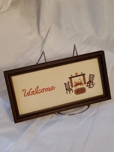 "Welcome" Framed Cross Stitch Wall Art Fire Harth 10x5" Country Decor - Picture 1 of 7