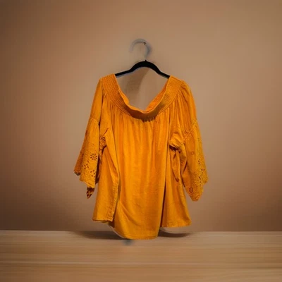 Camisa de Algodón Lane Bryant 18/20 Mostaza Boho Campesina Top Ojales Manga Campana Foto 1 de 4