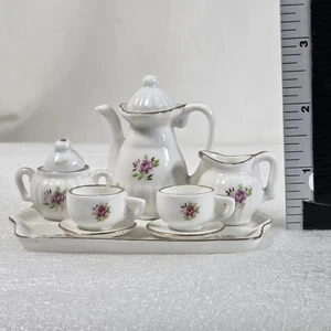 Vintage Porzellan Miniatur Teeservice Rose Blumen Tablett Tassen Kanne Milchkännchen Zuckerdeckel - Bild 1 von 9