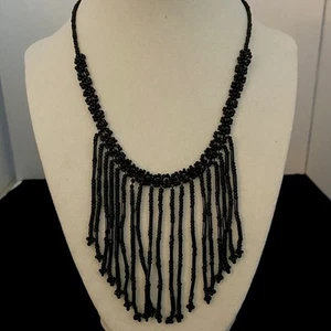 Bib Statement Necklace Black Seed Beads Fringe Collar Choker Victorian Flapper - Picture 1 of 5