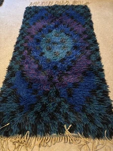1970s MCM Scandi Swedish Rya shaggy Rug - blue / purple circles - 115 cm x 56 cm - Picture 1 of 6