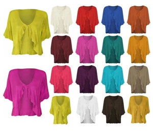 DAMEN KRAWATTE VORNE BOLERO ACHSELZUCKEN DAMEN EINFACH KURZE ÄRMEL FRILL SHIRT ZUGESCHNITTEN - Bild 1 von 12