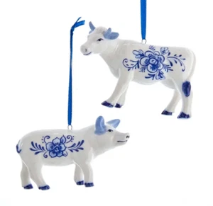 KURT ADLER SET OF 2 PORCELAIN DELFT BLUE PIG & COW CHRISTMAS ORNAMENTS J7429 - Picture 1 of 1