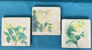 Set of 3 Vintage Italian Travertine Tiles w/ Yellow Roses - Trivet Coaster Decor - Picture 1 of 11