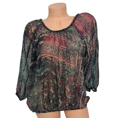 Blusa Blusa Blusa Top Estampado Floral LUCKY BRAND Talla S Tapiz Boho Transparente Años 70 Hada Foto 1 de 4