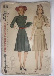 1940s Simplicity 4335 Vtg Dress Sewing Pattern – Size 16 Bust 34 – Complete - Picture 1 of 2
