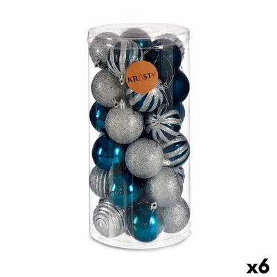 Set di palline di Natale blu argento plastica Ø 6 cm (6 unità) - Immagine 1 di 3