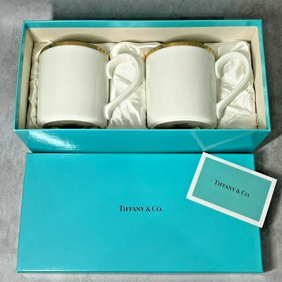 Juego de 2 pares de tazas con banda dorada Tiffany & Co. sin usar con caja auténtica 1996 Japón Foto 1 de 4