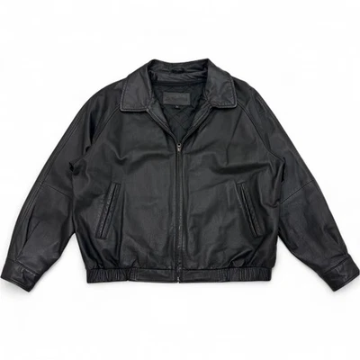 Chaqueta de bombardero de cuero negra con cremallera forrada XL de colección St. John's Bay para hombre Foto 1 de 4
