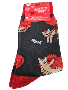 Mens Unisex Funky Novelty Valentine KITTY CAT BALLOON HEART CREW SOCKS Black/Red - Picture 1 of 2