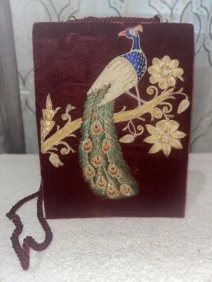 Vintage 1980’s Zardozi Gold Peacock Evening Bag Embroidery Velvet Burgundy - Image 1 of 4
