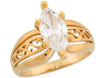 10k or 14k Gold Marquise Cut White CZ Scroll Band Design Ladies Engagement Ring - Image 1 of 4