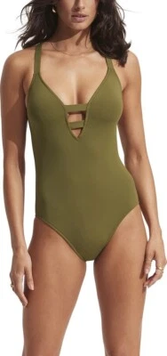 Traje de baño Seafolly L126241 verde colectivo profundo V de una pieza para mujer talla US 4 Foto 1 de 2