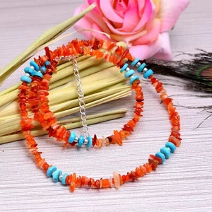 Rare Necklace Turquoise & Fire Opal 20 Inch 5-7MM Southwestern Anniversary Gifts - Picture 1 of 5