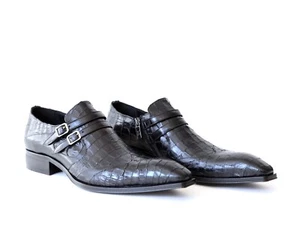Scarpe slip-on Jo Ghost 4952BIS italiane nere stampa coccodrillo con cerniera, 2 fibbie - Foto 1 di 5