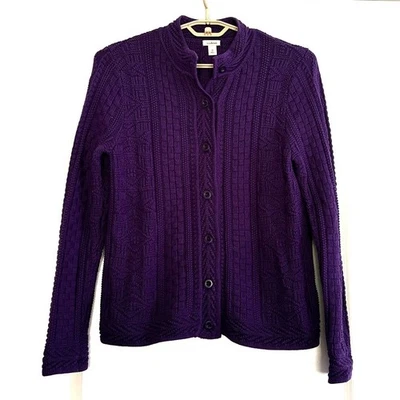 L.L. Bean Purple Cable Knit Cardigan Sweater Jacket 100% Cotton 278397 - Image 1 of 4