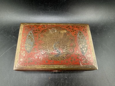 Vintage Brass Lacquer Floral & Peacock Engraved Colorful Cigarette/Cigar Box - Image 1 of 4