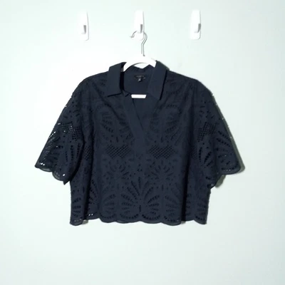 Talbots Crop Top Blouse size PM Medium Petite, Blue Eyelet Embroidered Nautical - Image 1 of 4