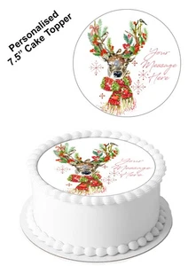 PERSONALISED Cake Topper Christmas Xmas REINDEER Edible Icing Sheet 7-8" Circle - Picture 1 of 8